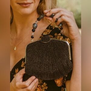 YILIN
 Black Beaded Clutch with Gemstone Handle